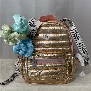 NEW Hurley Metallic Gold Backpack with Pastel Scrunchies